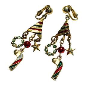 Christmas holiday theme clip on earrings drop & dangle gold multicolor novelty